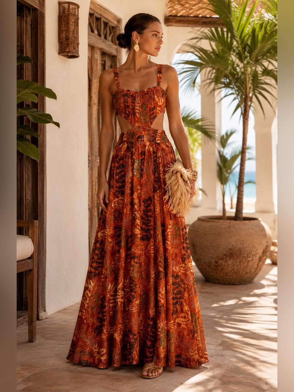 Anthropologie Smocked Cutout Metallic Maxi Dress XS Boho Resort Tropical